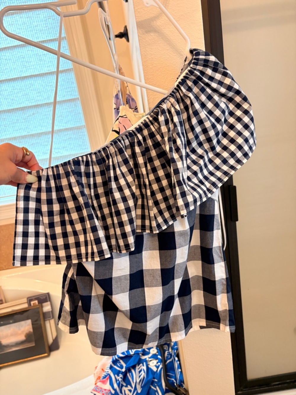 J. Crew Navy and White Gingham Off-Shoulder Blouse